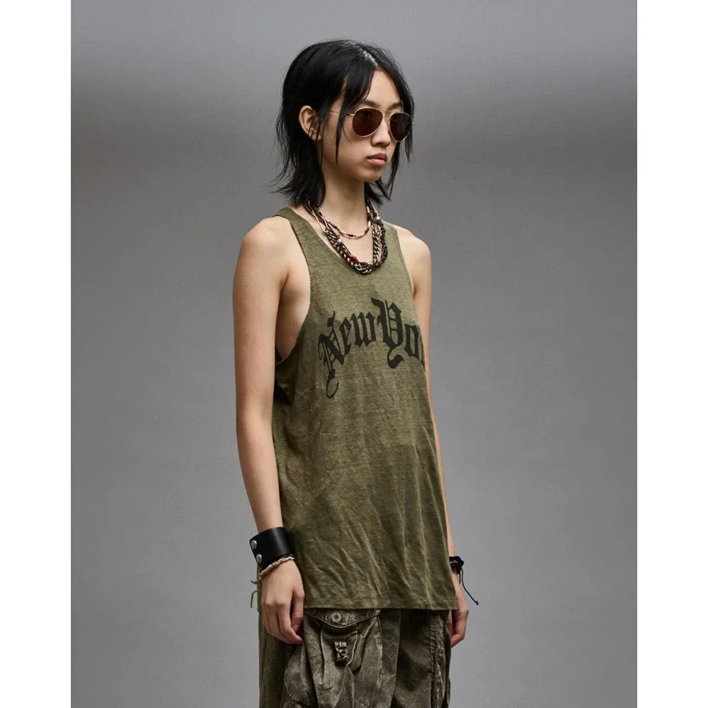NWT R13 New York Relaxed Tank Size S Olive Green Gothic Graphic R13WK135-001AR